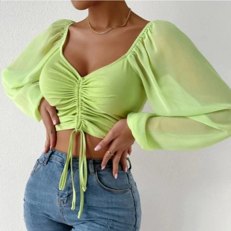 ALLUKASA Sexy Mesh Lantern Sleeves Drawstring Wrap Chest Bare Midriff T Shirt Women Long Sleeves Bottoming - Dragonbeast