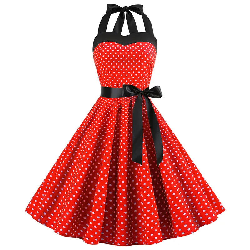 Women Polka Dot Print Summer Dress Sexy Retro White Halter Vintage Dress Robe Femme Pin Up Rockabilly Party Dress - Dragonbeast