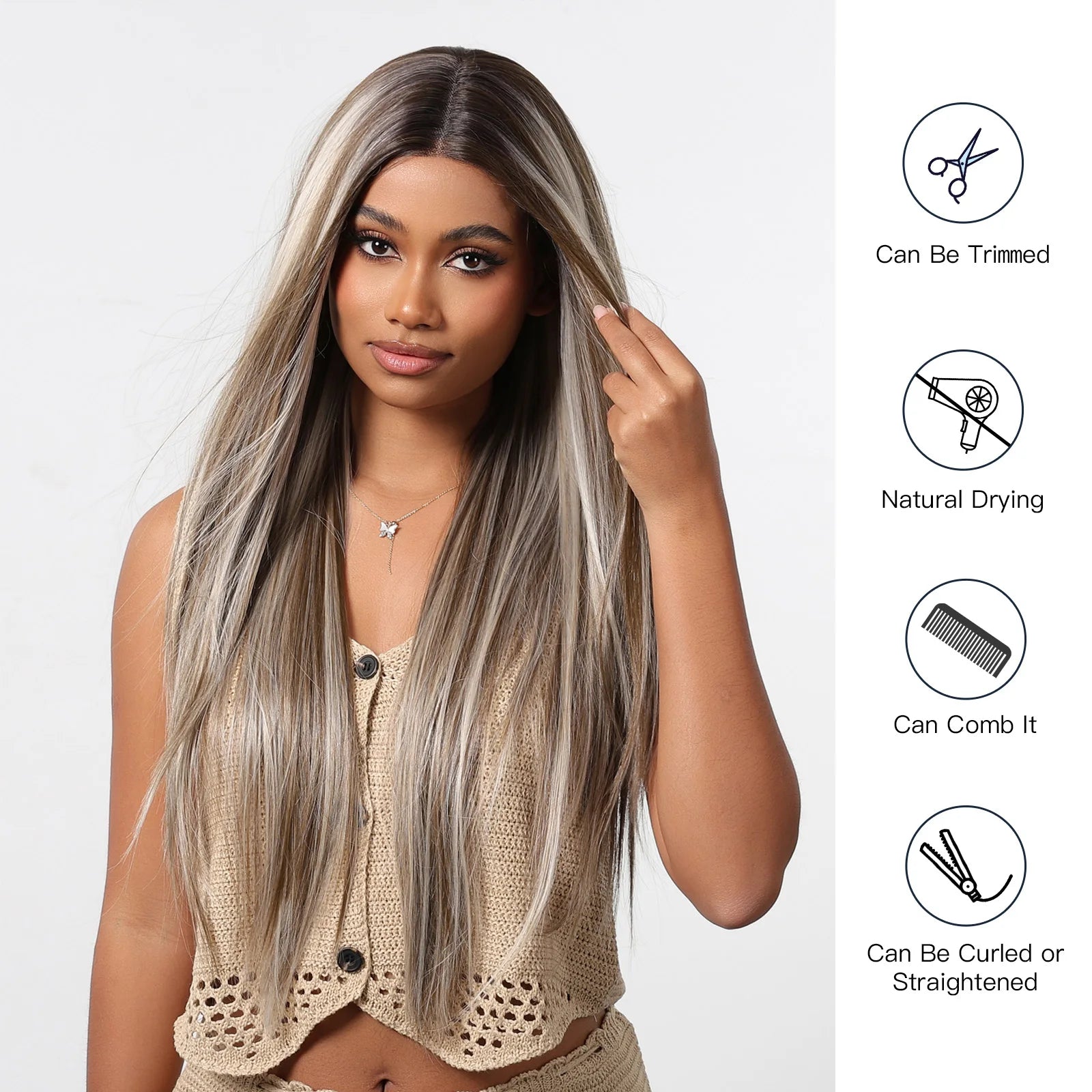 Long Straight Ash Gray Blonde Highlight Synthetic Wigs 13*6 Lace Frontal Wig Preplucked Baby Hair Wigs for Women Brazilian Daily - Dragonbeast