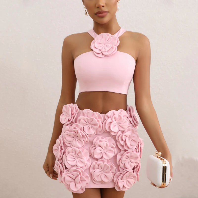 New sexy pink neck hanging backless dress, women's temperament short skirt decoration flower party dress set - Dragonbeast