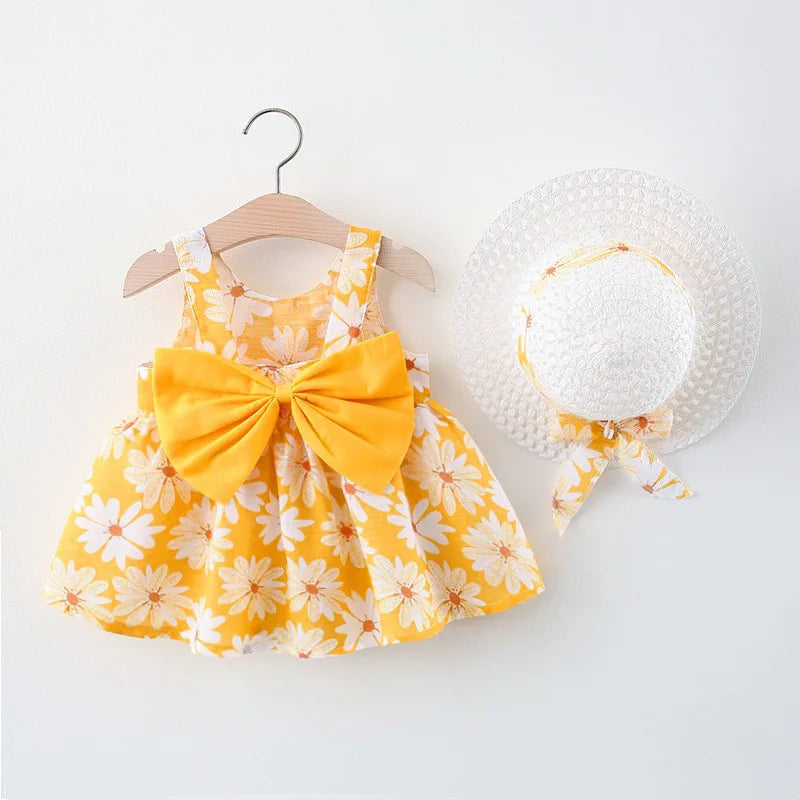 Summer New Girl Fashion Dress Small Chrysanthemum Hanging Strap Big Bow Princess Dress Party Dress 0-3 Years Old - Dragonbeast