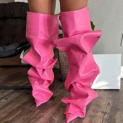 Pointed Toe Fold Knee High Boots Fashion Buckle Stiletto Heels Hot Pink Spring Sexy Girl Wrinkles Shoes Party Dress Shoes - Dragonbeast