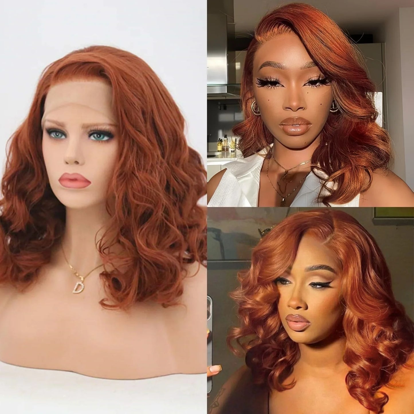 Copper Red Short Curly Wavy Bob Wig Synthetic Lace Front Wig Ginger Orange Auburn Colored Loose Wave 13x4 Frontal Wigs for Women - Dragonbeast