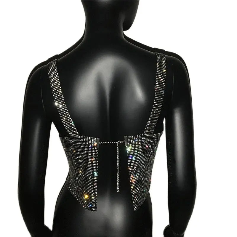 2023 Glitter Nightclub Backless Rhinestone Tank Top Women Sexy Metal Crystal Diamonds Sequined Night Club Party Wear Crop Top