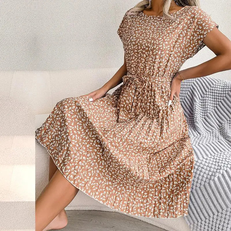 Women Spring Summer Short Sleeve High Waist Chic Dress Fashion Floral Pleated A Line Long Dress - Dragonbeast