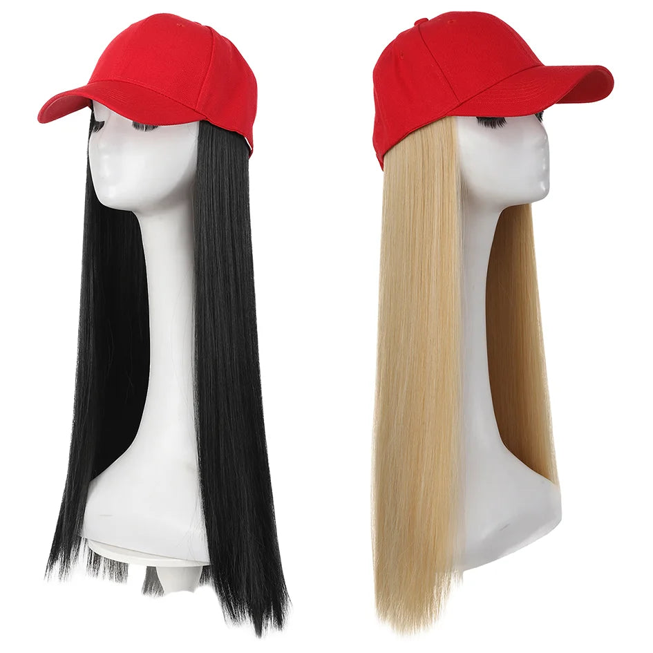 Hat Wigs-synthetic 22inch red baseball cap straight hair wig ducktail long straight hair wig hat extensions wigs christmas hat - Dragonbeast