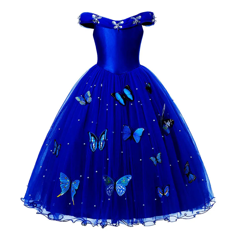 Elegant Dark Blue Party Dress Girls Fancy Sapphire Princess Cinderella Ball Gown Off Shoulder Prom Frock Kid Pearl Embellished - Dragonbeast