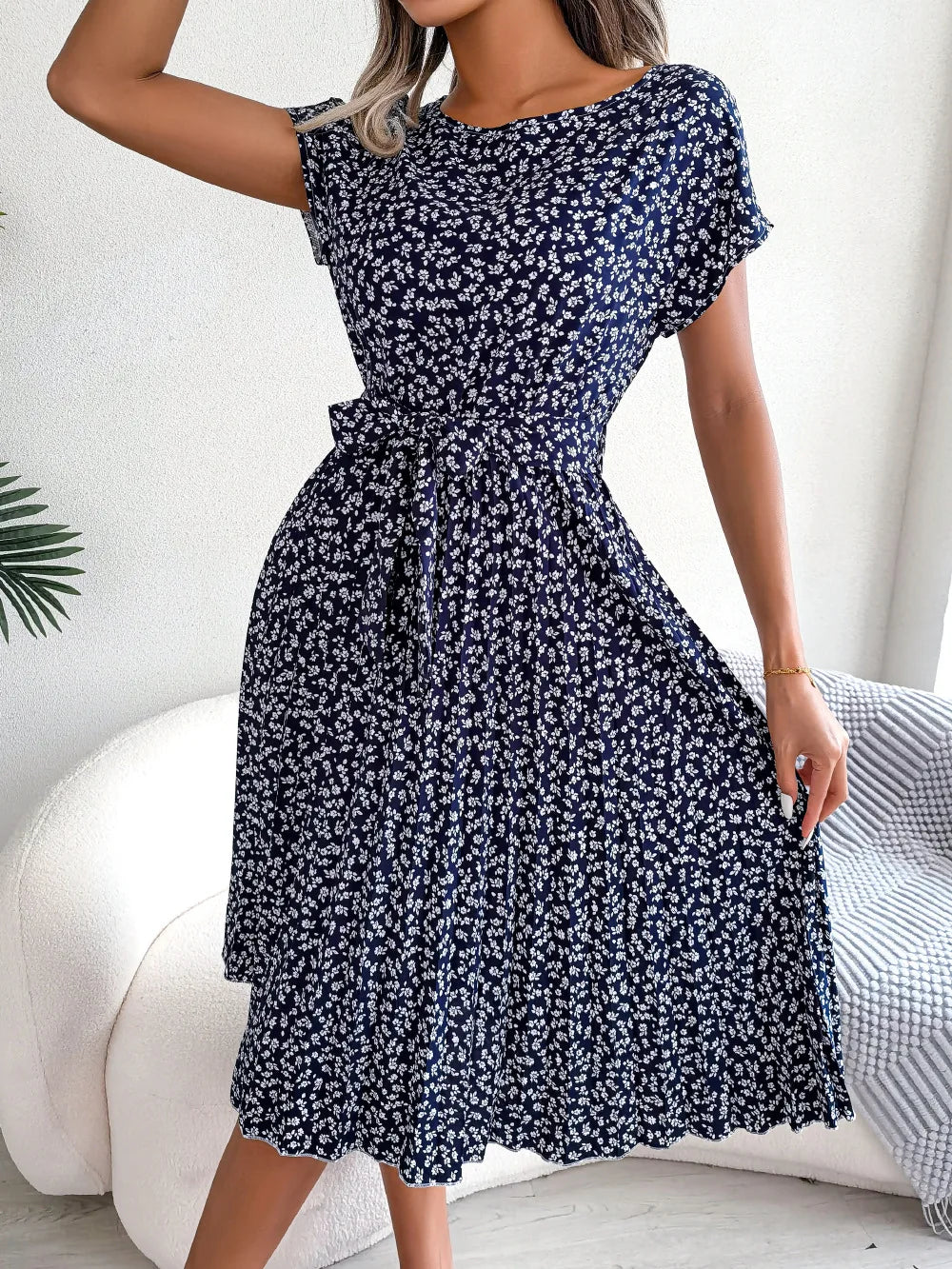 Women Spring Summer Short Sleeve High Waist Chic Dress Fashion Floral Pleated A Line Long Dress - Dragonbeast