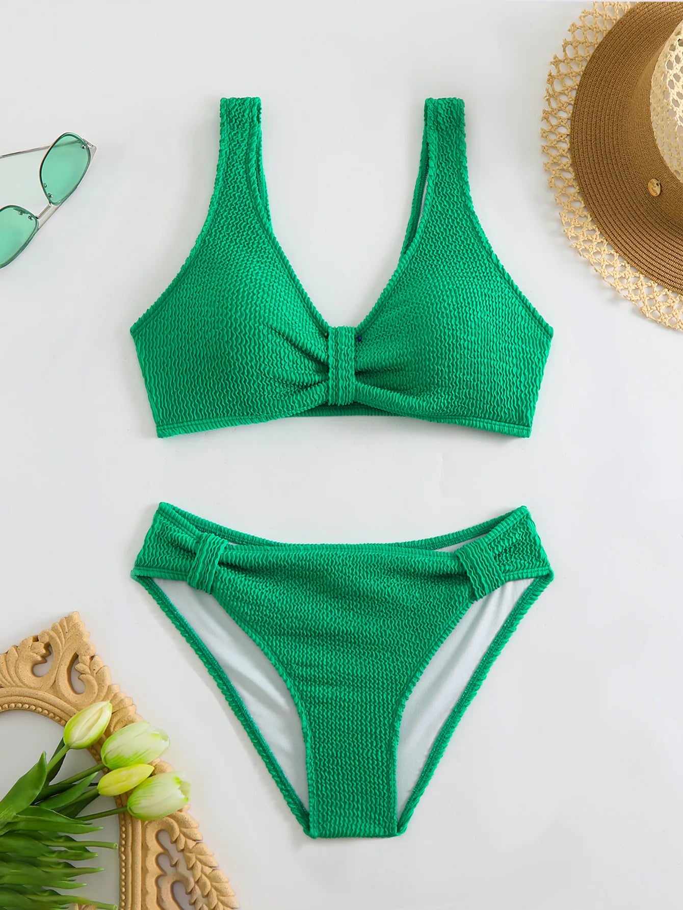 2025 Summer New Women's 2 Piece Swimsuit Solid Color High Waist Bikini Set V-neck Backless Beach Vacation Bathing Suit Swimwear