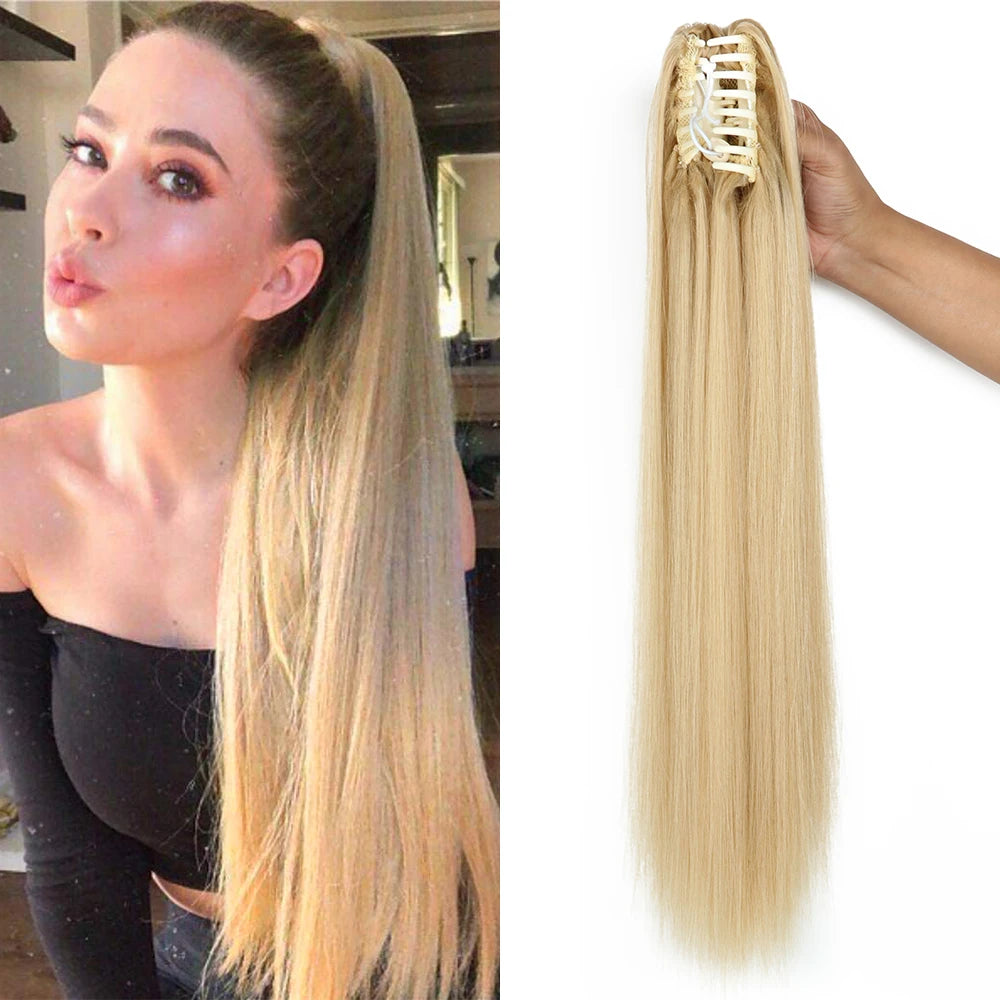 Synthetic Long Straight Claw Clip On Ponytail Hair Extensions 24Inch Heat Resistant Pony Tail Hair piece For Women Daily Party - Dragonbeast