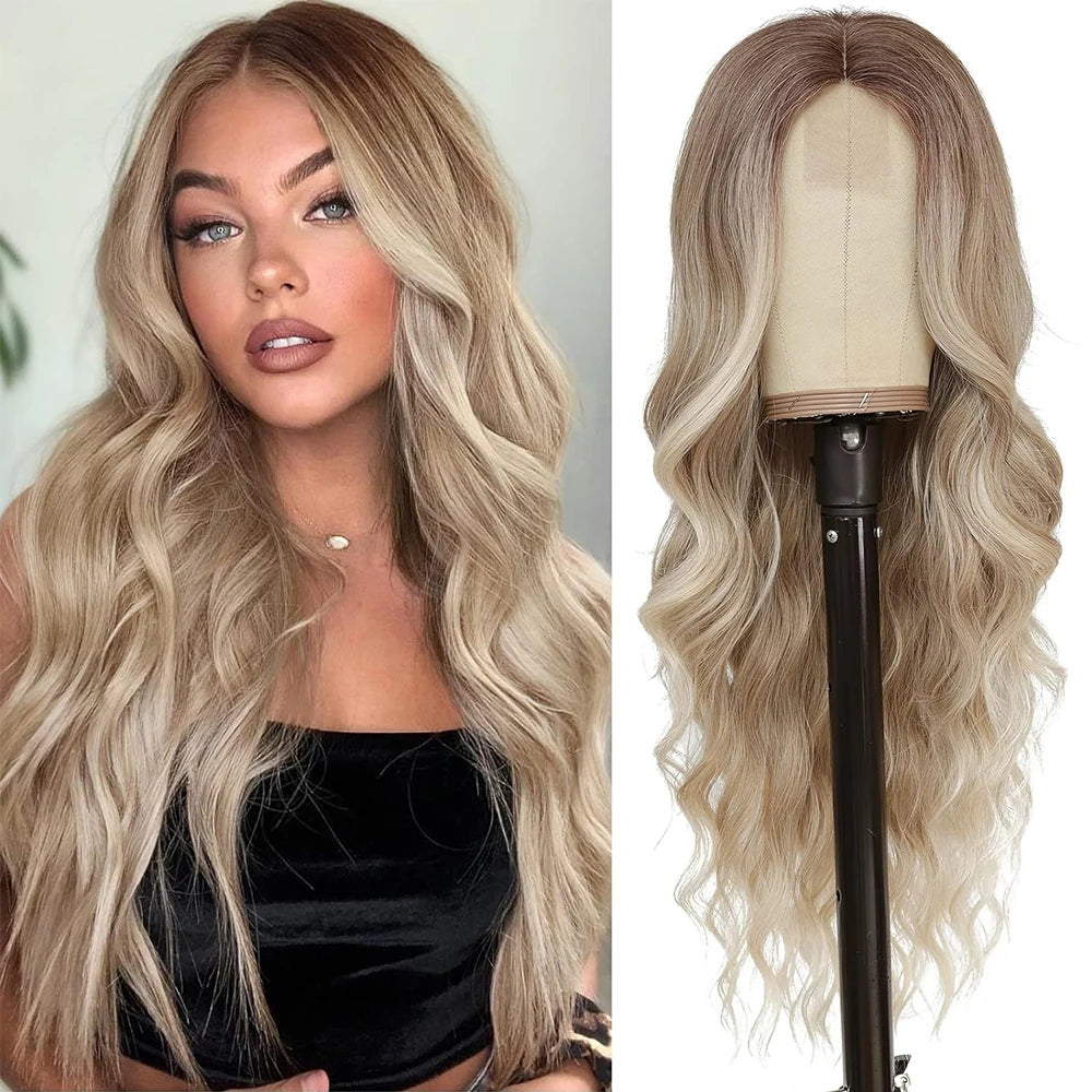 Long Curly Wave Synthetic Wigs Ombre Brown Blonde Wigs Middle Parted Hairstyle For Women Daily Party Heat Resistant Fake Hairs - Dragonbeast