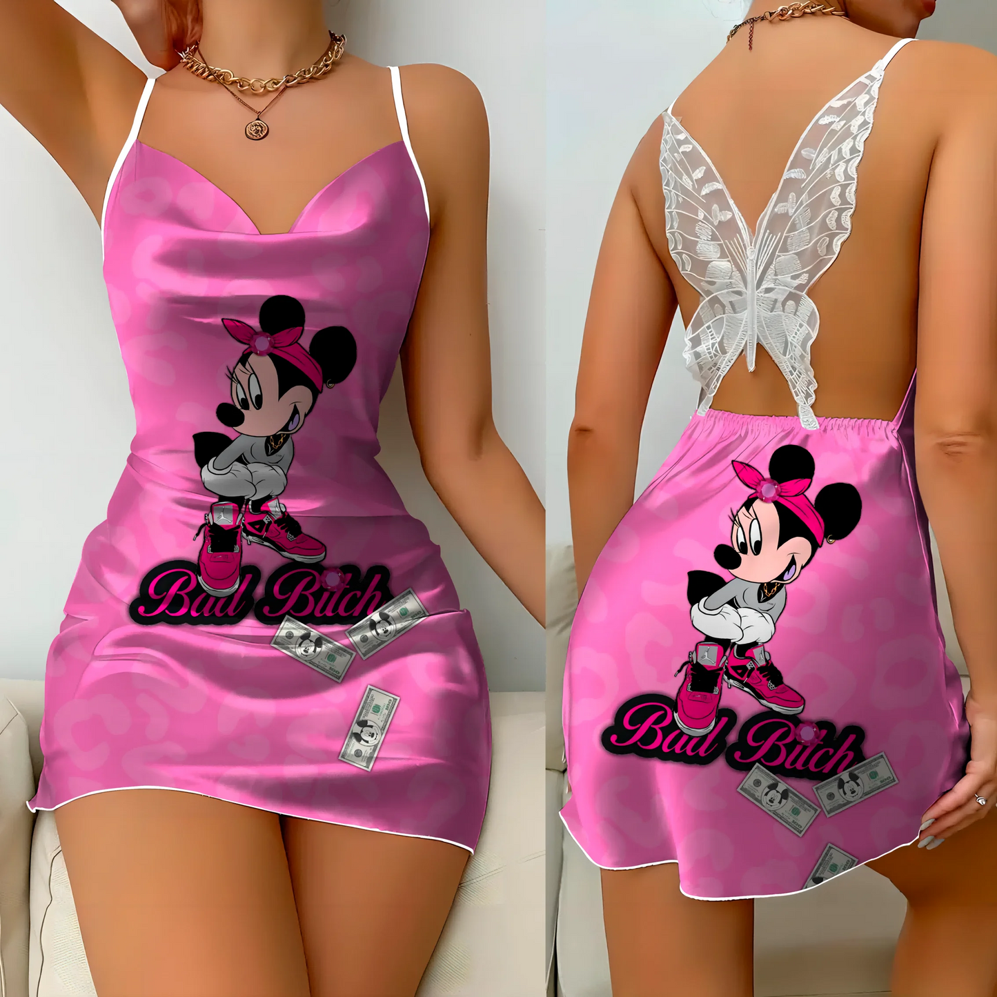 Mini Dress Pajama Skirt Bow Knot Party Dresses Satin Surface Minnie Mouse Disney Mickey Womens Fashion Summer 2024 Elegant Women - Dragonbeast