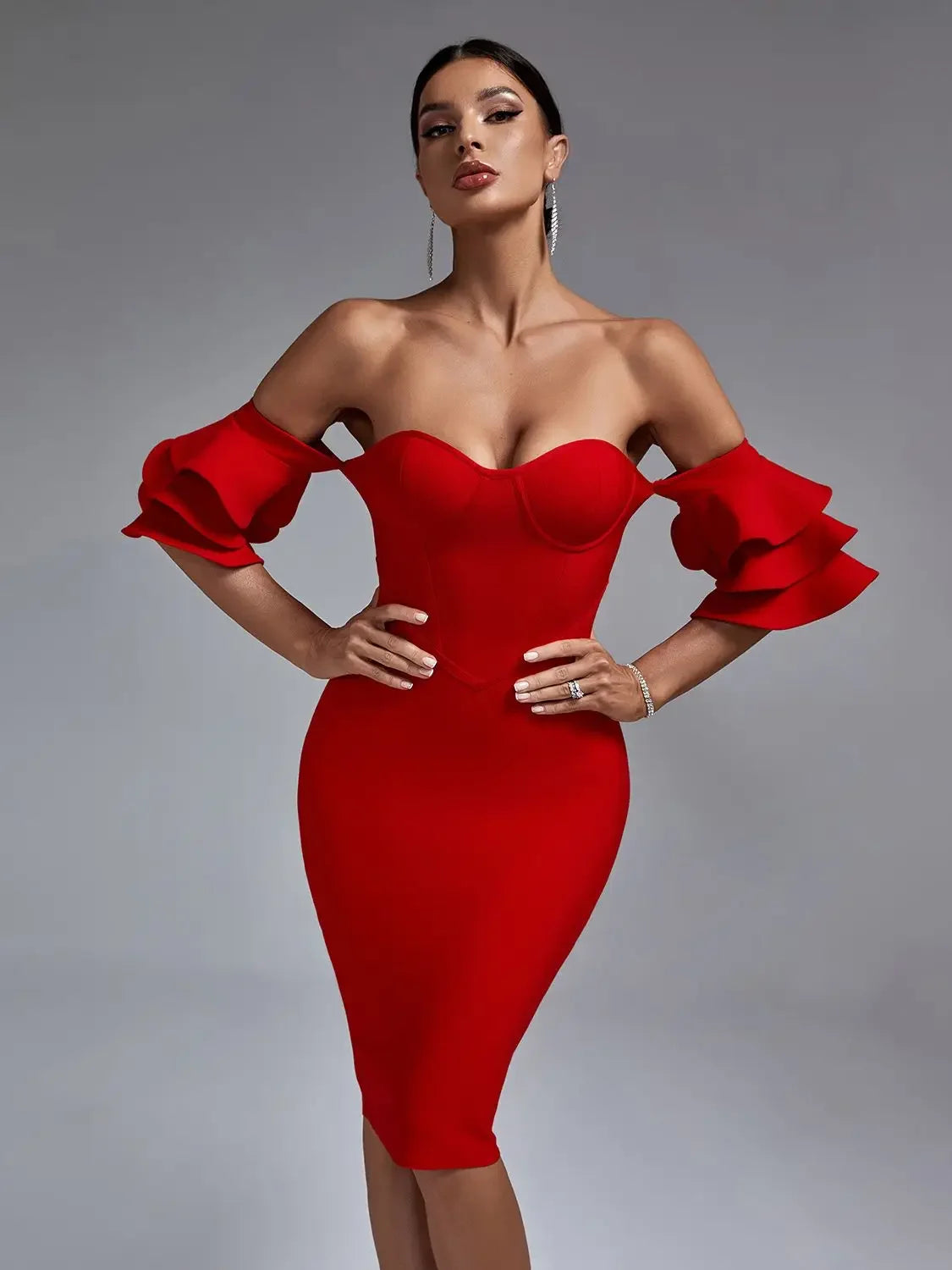 Red Bandage Dress Women Midi Party Dress Bodycon Elegant Ruffle Sexy Off Shoulder Evening Birthday Club Outfits Summer 2023 - Dragonbeast