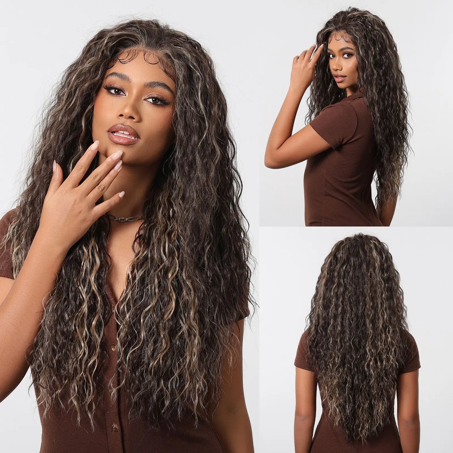 DWY Ash Brown Highlight Synthetic Lace Front Wig 13×6 Body Wave Pre Plucked Lace Wig for Women Wear and Go 28inch Wigs for Daily - Dragonbeast